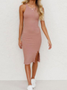 Sommerkleid Pink Jewel Neck Polyester Split Skinny Sexy Beach Langes Kleid
