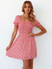 Sommerkleid Pink Square Neck Kurzarm Polyester Midi Beach Kleid