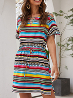 Sommerkleid Rainbow Stripe Open Shoulder Kurzes Strandkleid