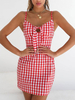 Sommerkleid Riemen Hals Plaid Bögen Red Beach Kleid