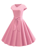 Sommerkleid Rosa V-Ausschnitt Bögen Rosa Kurzarm Casual Beach Kleid Midi Kleid