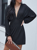 Sommerkleid Schwarz Langarm V-Ausschnitt Plissee Polyester Beach Dress Rave Club Kleid