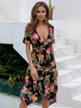 Sommerkleid Schwarzes V-Ausschnitt Blumendruckmuster Polyester Beach Long Dress