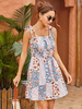 Sommerkleid Square Neck Floral Printed Plissee Layered Blue Grey Knielanges Strandkleid