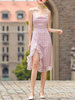 Sommerkleid U-Ausschnitt Plaid Plissee Layered Pink Knielanges Strandkleid