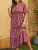 Sommerkleid V-Ausschnitt bedruckt Schnürung Burgunder Kurzarm Strandkleid