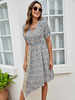 Sommerkleid V-Ausschnitt Bedruckte Paspeln Stretch Hellhimmelblau Knielanges Strandkleid