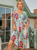 Sommerkleid V-Ausschnitt Blumendruck Grün Knielanges Strandkleid