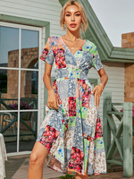 Sommerkleid V-Ausschnitt Blumendruck Grün Knielanges Strandkleid