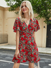Sommerkleid V-Ausschnitt Blumendruck Muster Rotes Sommer Mini Strandkleid