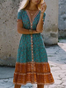 Sommerkleid V-Ausschnitt Blumendruck Plissee Cyan Blue Knielanges Strandkleid
