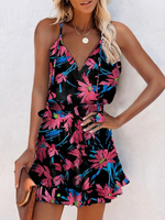 Sommerkleid V-Ausschnitt Blumendruck Plissee Offene Schulter Blau Kurzes Strandkleid