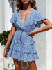 Sommerkleid V-Ausschnitt Ditsy Blumendruck Rüschen Kordelzug Kurzes Strandkleid