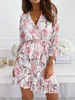 Sommerkleid V-Ausschnitt Halbarm Blumendruck Muster Rüschen Weißes Strandkleid Midi Tunika Kleid