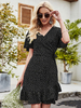 Sommerkleid V-Ausschnitt Kurzarm Polka Dot Schnürung Schwarz Knielanges Strandkleid
