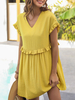 Sommerkleid V-Ausschnitt Rüschen Kurzarm Gelb Skater Kleider Loses Strandkleid