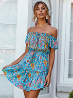 Sommerkleider Blau Damenmode Baumwolle und Carmenausschnitt Kleider Kurzarm und Printmuster geknotet Sommerkleid