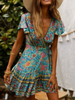 Sommerkleider Blau Damenmode gemischten Baumwollen V-Ausschnitt Kleider Kurzarm mit Printmuster geknotet Sommerkleid und figurbetonendem Design