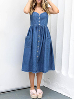 Sommerkleider Blau Damenmode mit Trägern Denim ärmellos Kleider im sexyen Style Sommerkleid und rückenfreiem Design und Taschen