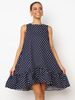 Sommerkleider Blau Damenmode und Rundkragen Flachsbaumwolle ärmellos Kleider im schicken & modischen Style Sommerkleid und Polka-Tupfen und Rüschen