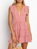 Sommerkleider Ditsy Floral V-Ausschnitt; ärmellos Rüschen Sexy Sitz und Aufflackern-Kleid