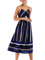 Sommerkleider Dunkelmarineblau Damenmode Chiffon mit Trägern Kleider ärmellos und Streifen und Spaghettiträger Sommerkleid