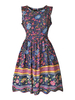 Sommerkleider Dunkelmarineblau Damenmode Polyester und Rundkragen Kleider ärmellos und Printmuster und Falten Sommerkleid und figurbetonendem Design
