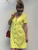 Sommerkleider Dunkelmarineblau Damenmode Polyester V-Ausschnitt Kleider Kurzarm und Knöpfen Sommerkleid