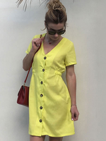 Sommerkleider Dunkelmarineblau Damenmode Polyester V-Ausschnitt Kleider Kurzarm und Knöpfen Sommerkleid