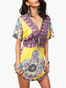 Sommerkleider Gelb Damenmode Spandex V-Ausschnitt Kleider Kurzarm mit Print und Durchziehband Sommerkleid