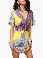 Sommerkleider Gelb Damenmode Spandex V-Ausschnitt Kleider Kurzarm mit Print und Durchziehband Sommerkleid