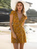 Sommerkleider Gelb Damenmode Polyester V-Ausschnitt Kleider Kurzarm mit Printmuster Alltagskleidung Sommerkleid