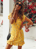 Sommerkleider Gelb Damenmode V-Ausschnitt Polyester Kurzarm Kleider im schicken & modischen Style Sommerkleid mit Printmuster und Rüschen
