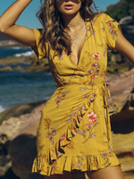 Sommerkleider Gelb und spitzem Dekolleté Polyester Kurzarm Kleider im schicken & modischen Style und figurbetonendem Design und Printmuster