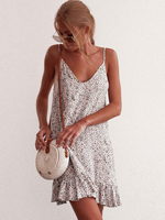 Sommerkleider Graugrün Damenmode kurz V-Ausschnitt Leinen Kleider ärmellos Sommerkleid im schicken & modischen Style überdimensional mit Print