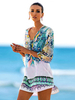Sommerkleider Grün Damenmode Chiffon V-Ausschnitt Kleider 3/4 Ärmel und Print Sommerkleid