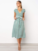 Sommerkleider Grün Damenmode Polyester mit spitzem Dekolleté Kleider Kurzarm und Streifen geknotet Sommerkleid und figurbetonendem Design