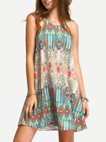Sommerkleider Grün Damenmode Polyester und Trägern Kleider ärmellos und Print Sommerkleid