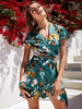Sommerkleider Grün Damenmode Polyester V-Ausschnitt Kleider Kurzarm und Printmuster geknotet Sommerkleid in unregelmäßiger Form