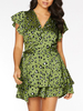 Sommerkleider Grün Damenmode V-Ausschnitt Polyester Kurzarm Kleider im casualen Stil Sommerkleid mit Leopard-Korn Optik