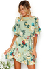 Sommerkleider Hellgrün Damenmode Chiffon und Rundkragen Kleider 1/2 Ärmel und Print und Rüschen Sommerkleid