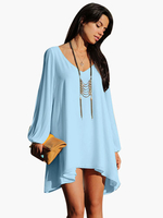 Sommerkleider Hellschiefergrau Damenmode Chiffon V-Ausschnitt Kleider Langarm Cutouts mit schulterfreies Design Sommerkleid