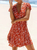 Sommerkleider Kaminrot Damenmode V-Ausschnitt Baumwolle Kurzarm Kleider im schicken & modischen Style Sommerkleid mit Printmuster