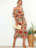 Sommerkleider Khakifarbe Damenmode mittellang mit Carmenausschnitt Polyester Kleider im eleganten Stil Sommerkleid Alltagskleidung und Printmuster