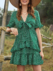 Sommerkleider knielang Damenmode Grün Polyester Kleider V-Ausschnitt Kurzarm mit Print Sommerkleid und Rüschen geknotet