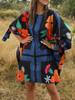 Sommerkleider knielang Damenmode Schwarz Polyester Kleider mit Rundkragen 3/4 Ärmel und Printmuster Sommerkleid