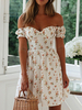 Sommerkleider knielang Damenmode Weiß Polyester Kleider mit Bateau-Kragen Kurzarm und Printmuster Sommerkleid und schulterfreies Design