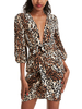 Sommerkleider kurz Damenmode Braun Polyester Kleider V-Ausschnitt Langarm mit Leopard-Korn Optik Sommerkleid offener BH
