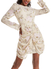Sommerkleider kurz Damenmode milchweiß Polyester Kleider Langarm mit Print und Falten Sommerkleid in unregelmäßiger Form