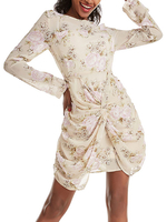 Sommerkleider kurz Damenmode milchweiß Polyester Kleider Langarm mit Print und Falten Sommerkleid in unregelmäßiger Form